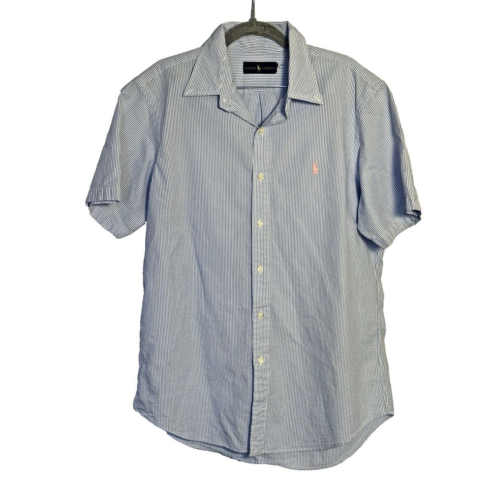Ralph Lauren Shirt Mens XL Blue White Striped Button Down Short Sleeve Pink Pony